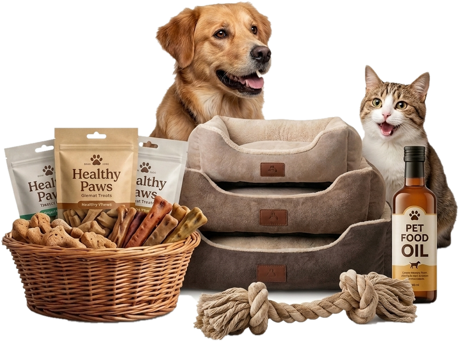 A happy golden retriever and smiling cat with luxury orthopedic pet beds, wicker treat basket, rope toy and pet nutrition oil